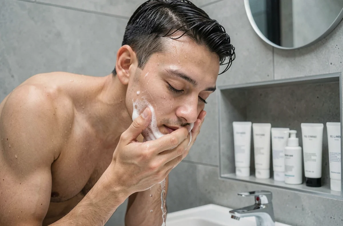 Jeune homme se rinçant le visage avec un nettoyant dans une salle de bain au design minimaliste