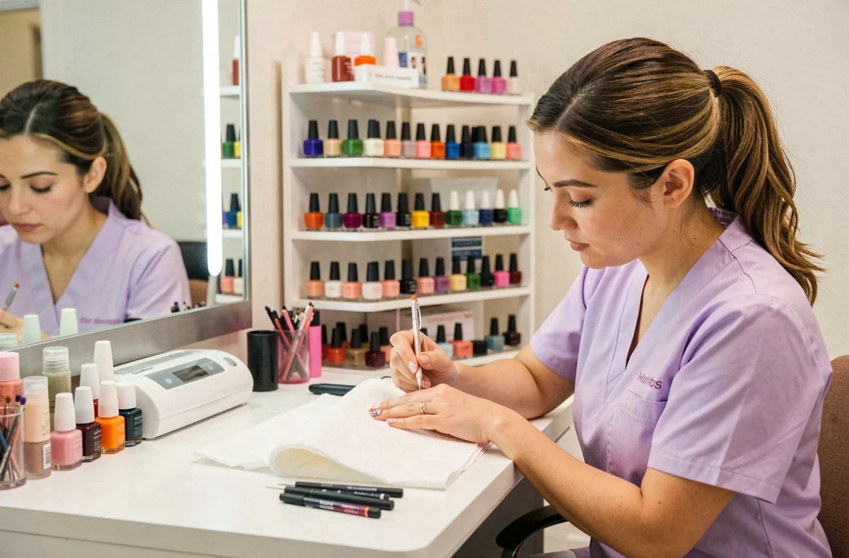 Pose de nail art dans le salon Océ Coiff Nails à Louvignies-Quesnoy, espace combinant coiffure et beauté des ongles