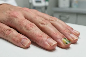 Gros plan sur un ongle qui verdit et se décolle du lit unguéal, signe d'une possible infiltration fongique ou bactérienne