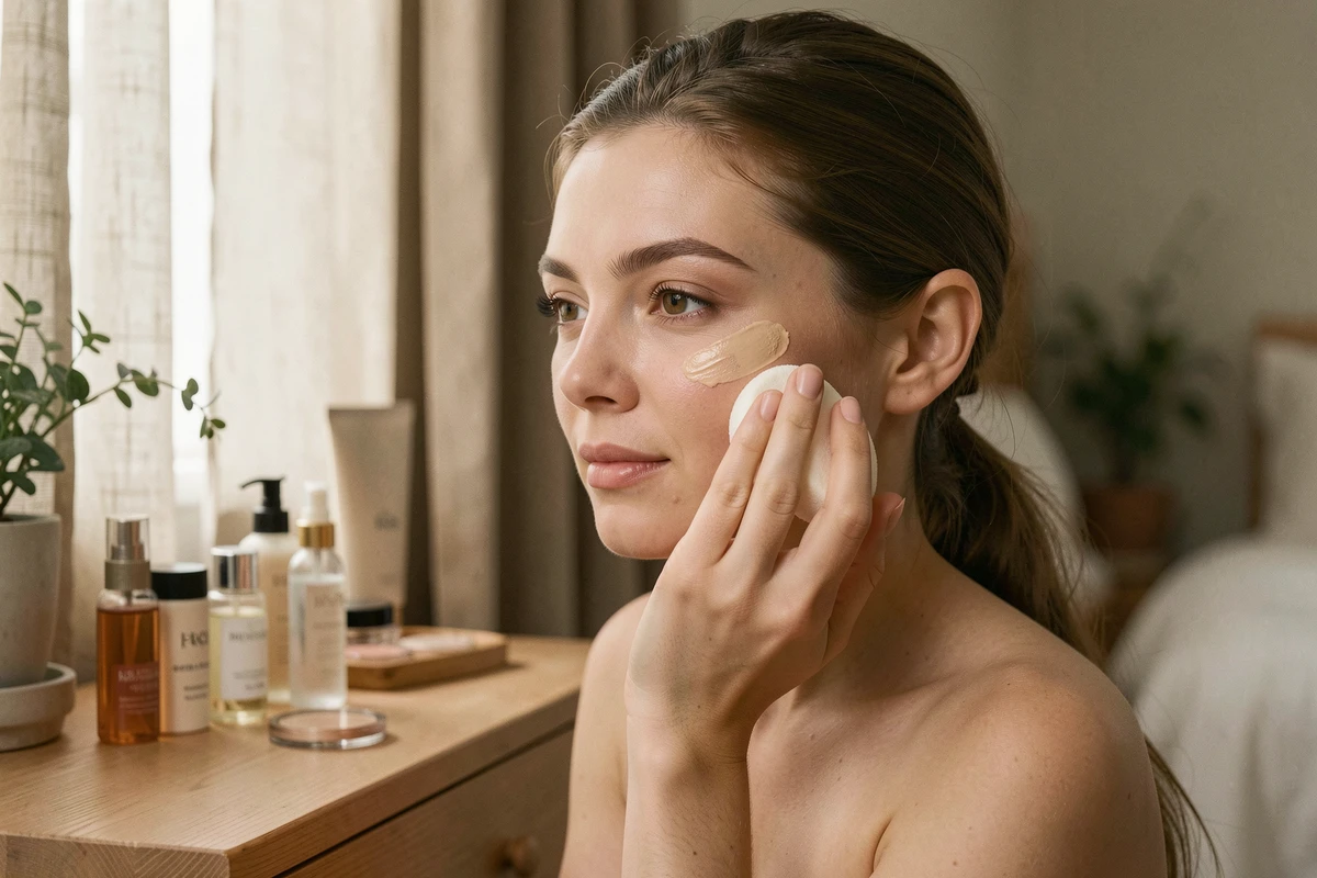 Femme appliquant son fond de teint à l'éponge après une huile visage, maquillage sur peau hydratée, vanité en bois minimaliste