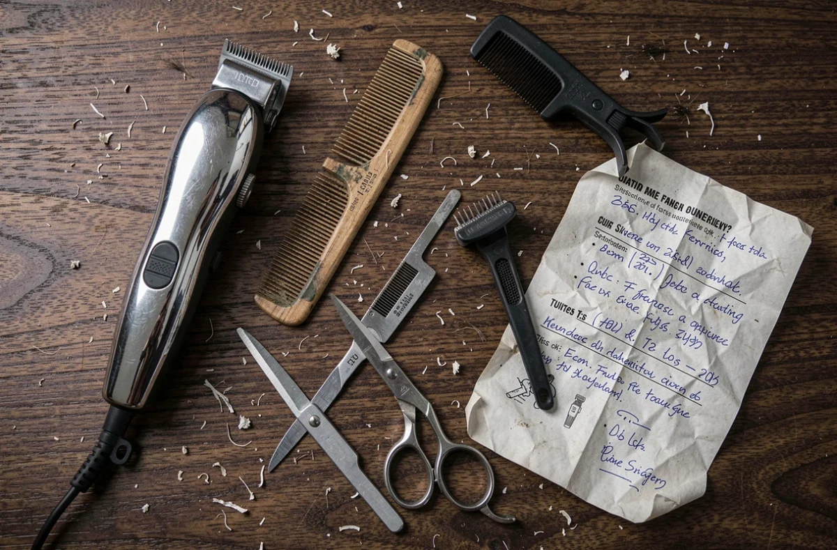 Vue à plat d'outils de coiffure mal utilisés et désordonnés sur un comptoir de barbier, illustrant les erreurs d'équipement pour débutants Maxbarber