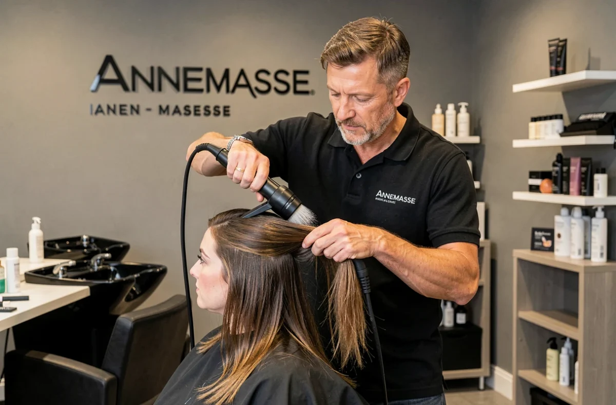 Coiffeur professionnel du salon Pascal Coste à Annemasse coiffant et séchant les cheveux d'une cliente avec soin