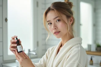Femme à peau sensible appliquant un sérum Typology de Sephora dans une salle de bain minimaliste