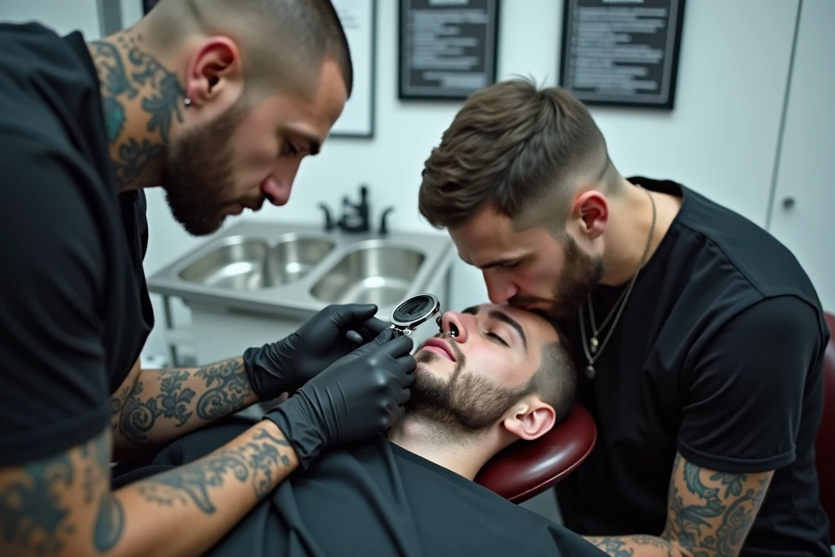 Perceur professionnel inspectant un piercing de nez avec une loupe dans un studio de perçage propre
