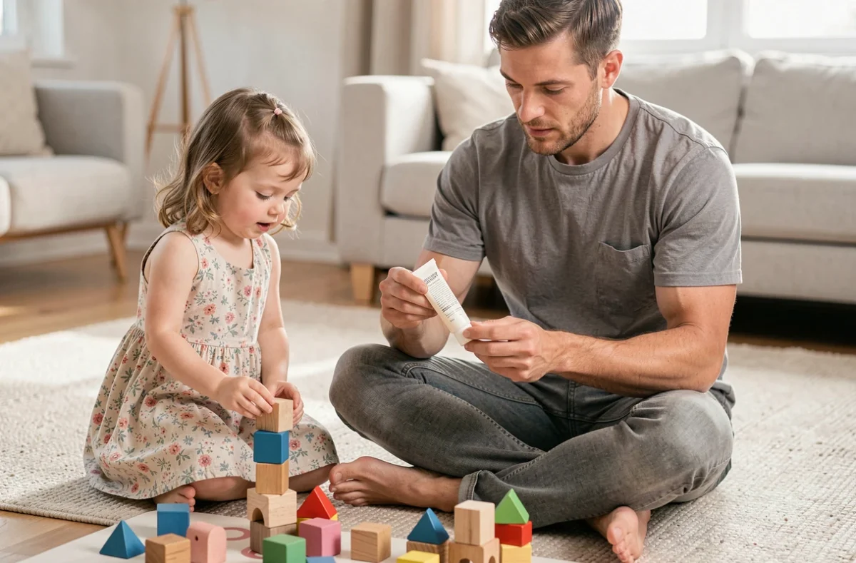 Père lisant les recommandations sur un tube de crème halcare pour bébé assis avec sa fille