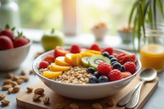 Petit déjeuner sain avec fruits colorés et flocons d'avoine