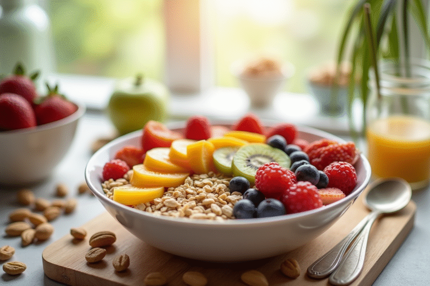 Petit déjeuner sain avec fruits colorés et flocons d'avoine