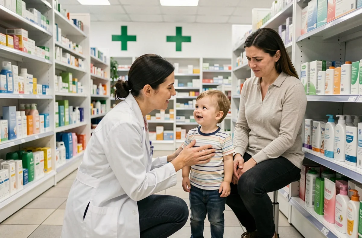 Pharmacienne conseillant un parent sur la crème halcare adaptée à son enfant en bas âge