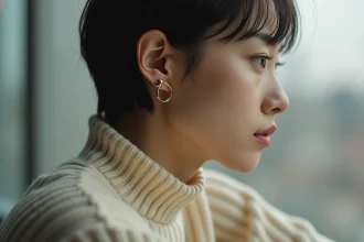 Femme portant un piercing hélix discret en or sur le haut de l'oreille, style minimaliste et élégant