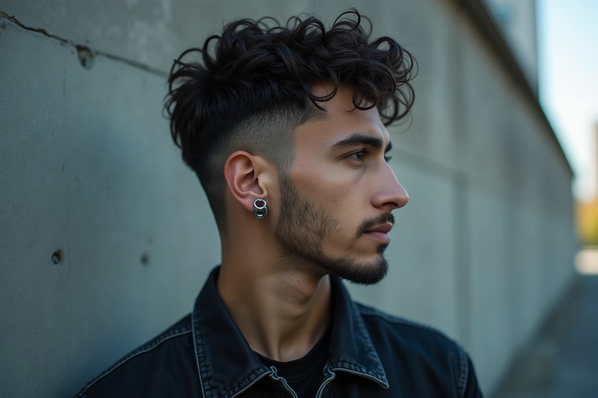 Homme avec un piercing industriel et des anneaux hélix sur le haut de l'oreille, style urbain affirmé