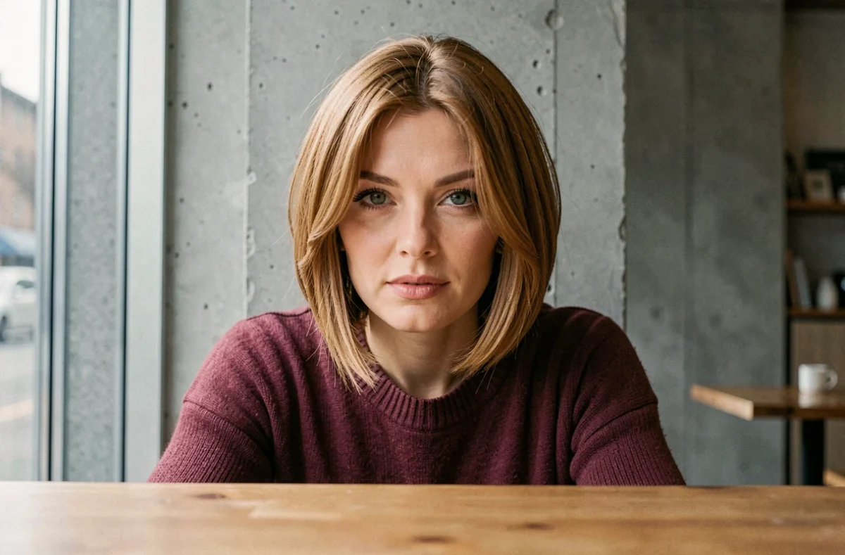 Portrait d'une femme aux cheveux en carré plongeant court destructuré mettant en valeur un visage rond dans un café minimaliste