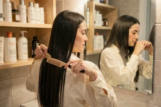 Femme appliquant un sérum lissant sur ses cheveux dans une salle de bain, technique de pose pour cheveux lisses par temps humide