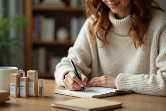 Femme préparant sa wishlist pour la vente au personnel L'Oréal avec un carnet et des produits cosmétiques sur un bureau en bois