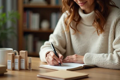 Femme préparant sa wishlist pour la vente au personnel L'Oréal avec un carnet et des produits cosmétiques sur un bureau en bois
