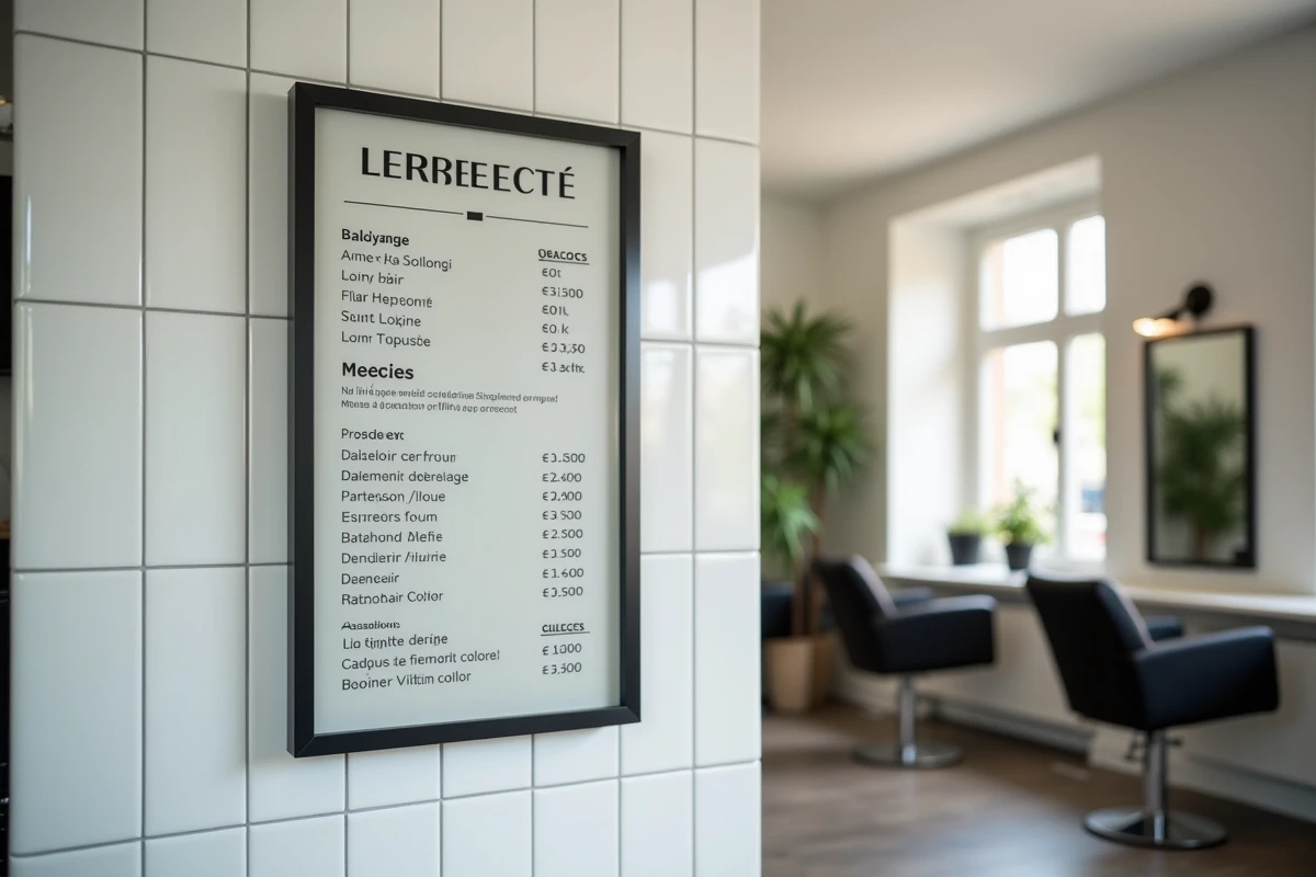 Tableau des prix des colorations affichés dans un salon de coiffure français avec différentes prestations en euros
