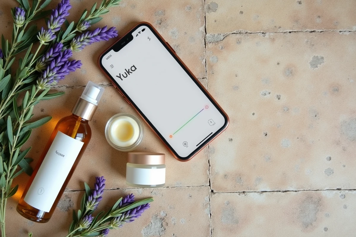 Produits cosmétiques bio La Provençale avec score Yuka sur smartphone, entourés de lavande et plantes provençales