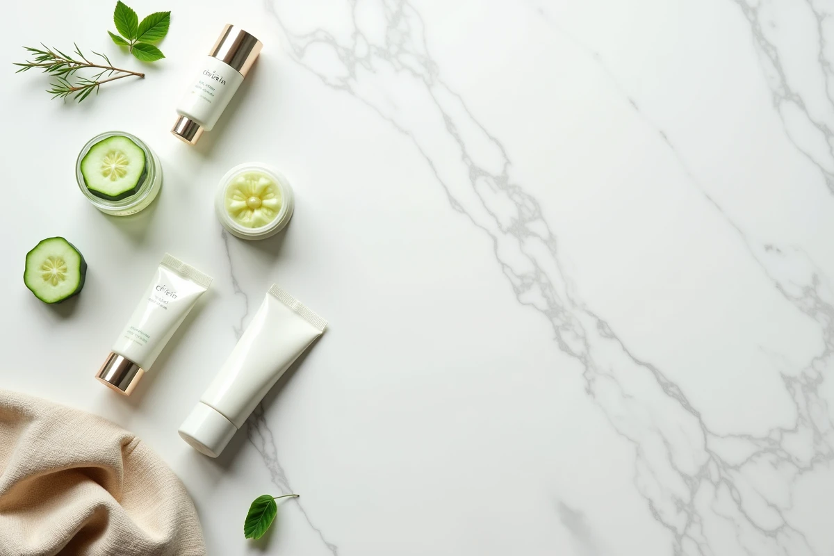 Présentation des produits de soin visage Cien de Lidl sur un fond en marbre blanc pour un test comparatif