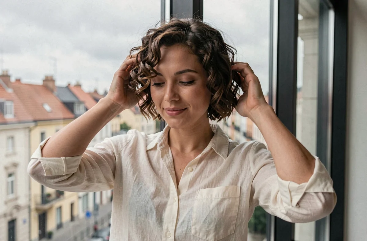 Femme aux cheveux courts bouclés permanente garçon touchant ses boucles devant une fenêtre urbaine