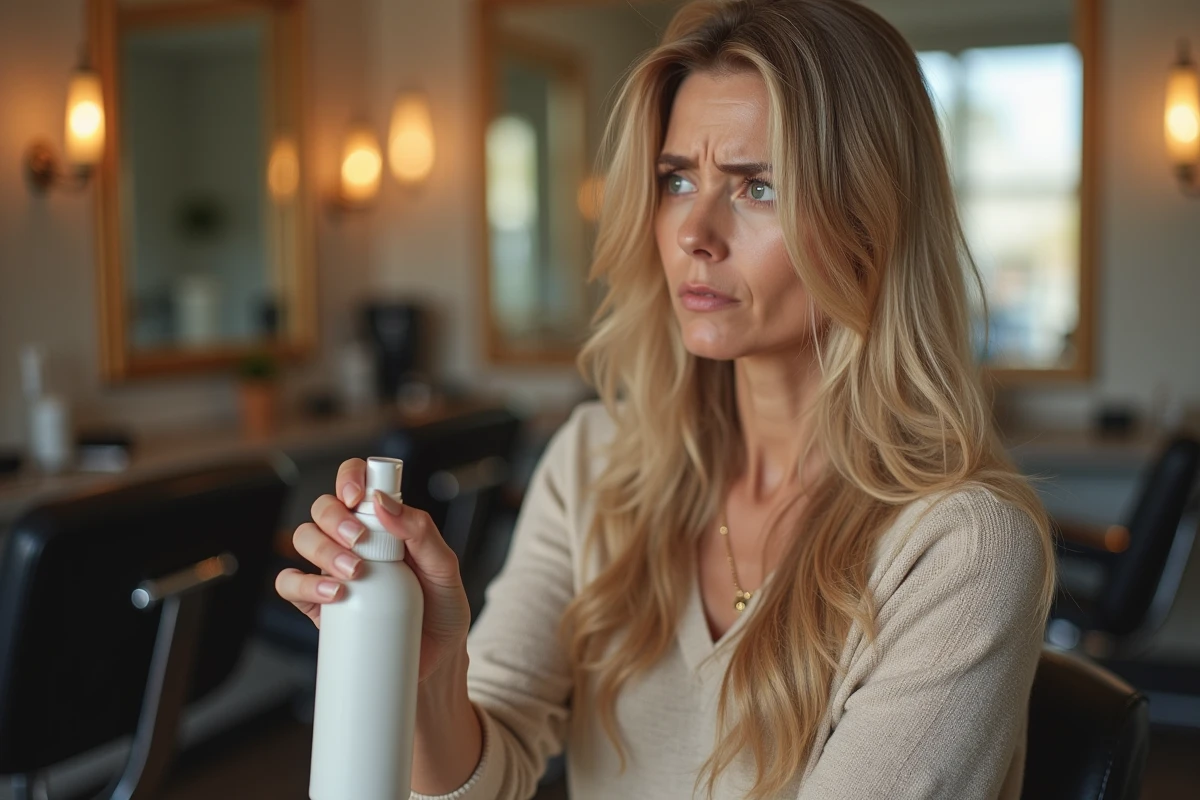 Femme déçue en salon de coiffure constatant l'effet raté du Wow Spray sur ses cheveux ternes et frisottants après une mauvaise application