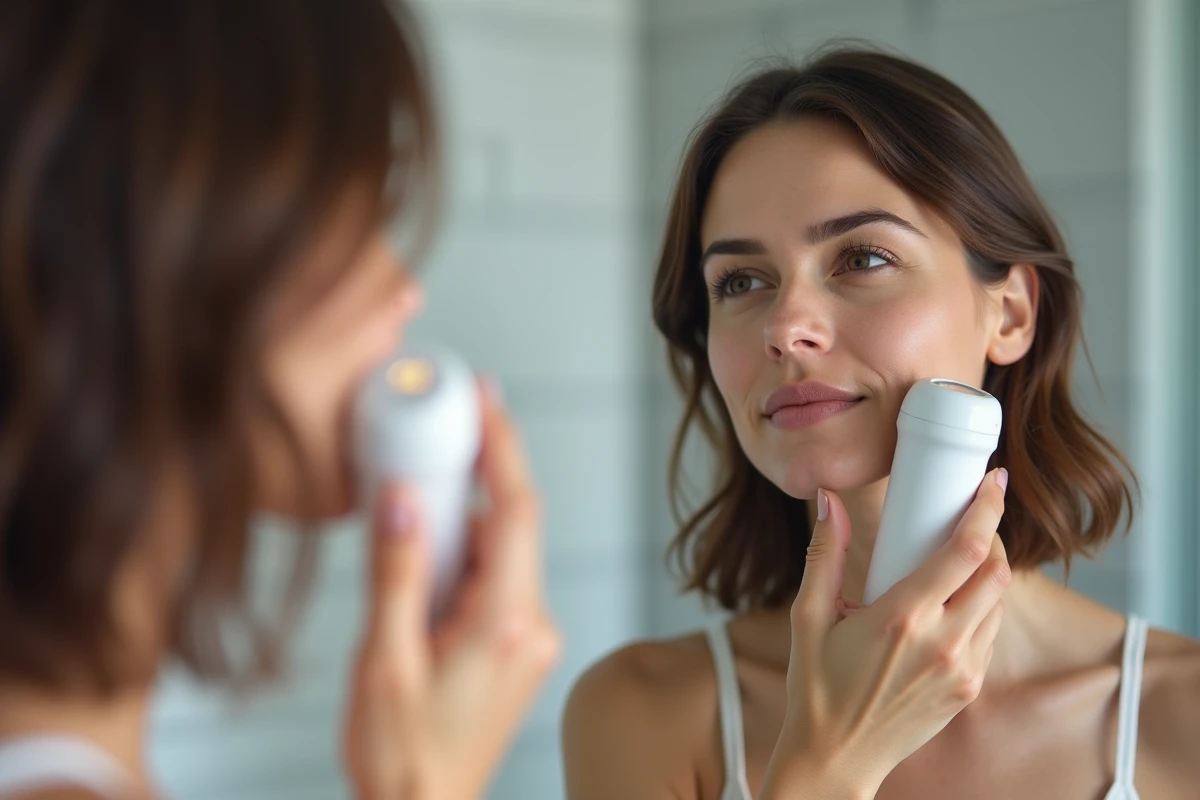 Femme examinant sa peau dans un miroir de salle de bain en utilisant un appareil laser anti-âge portable