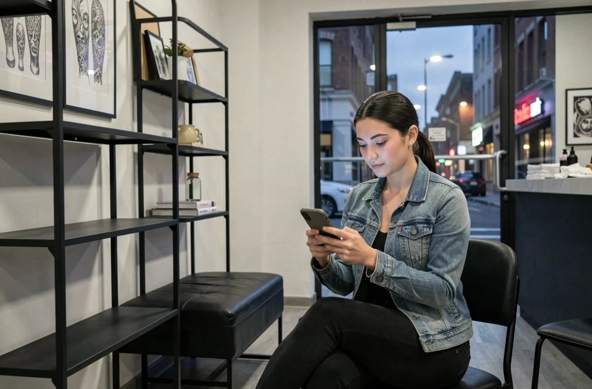 Jeune femme consultant des modèles de tatouage sur son téléphone dans la salle d'attente d'un salon ouvert en soirée à Toulouse