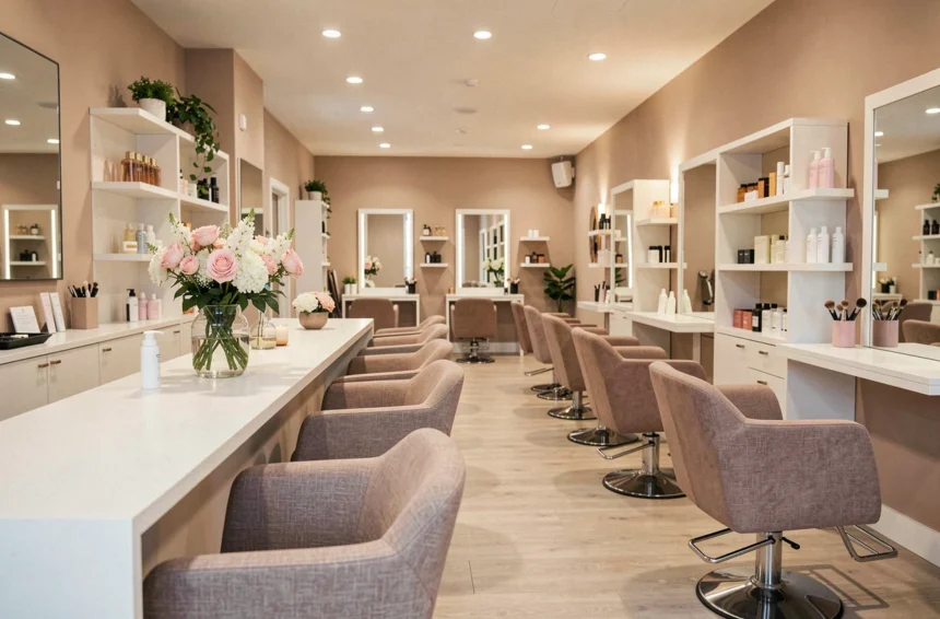 Intérieur élégant d'un salon de beauté dans le Nord avec fauteuils professionnels, miroirs et produits de soin disposés sur des étagères blanches