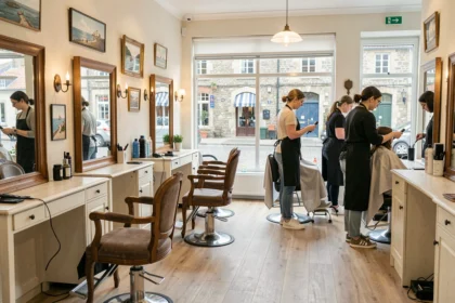 Vue d'ensemble d'un salon de coiffure breton moderne avec plusieurs postes de coiffage et une décoration inspirée de la Bretagne