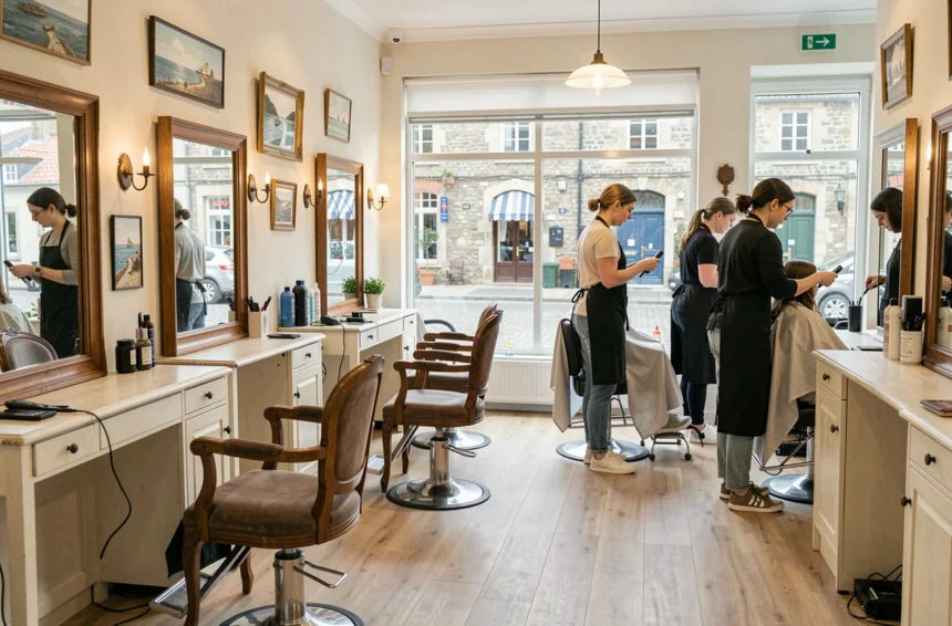 Vue d'ensemble d'un salon de coiffure breton moderne avec plusieurs postes de coiffage et une décoration inspirée de la Bretagne