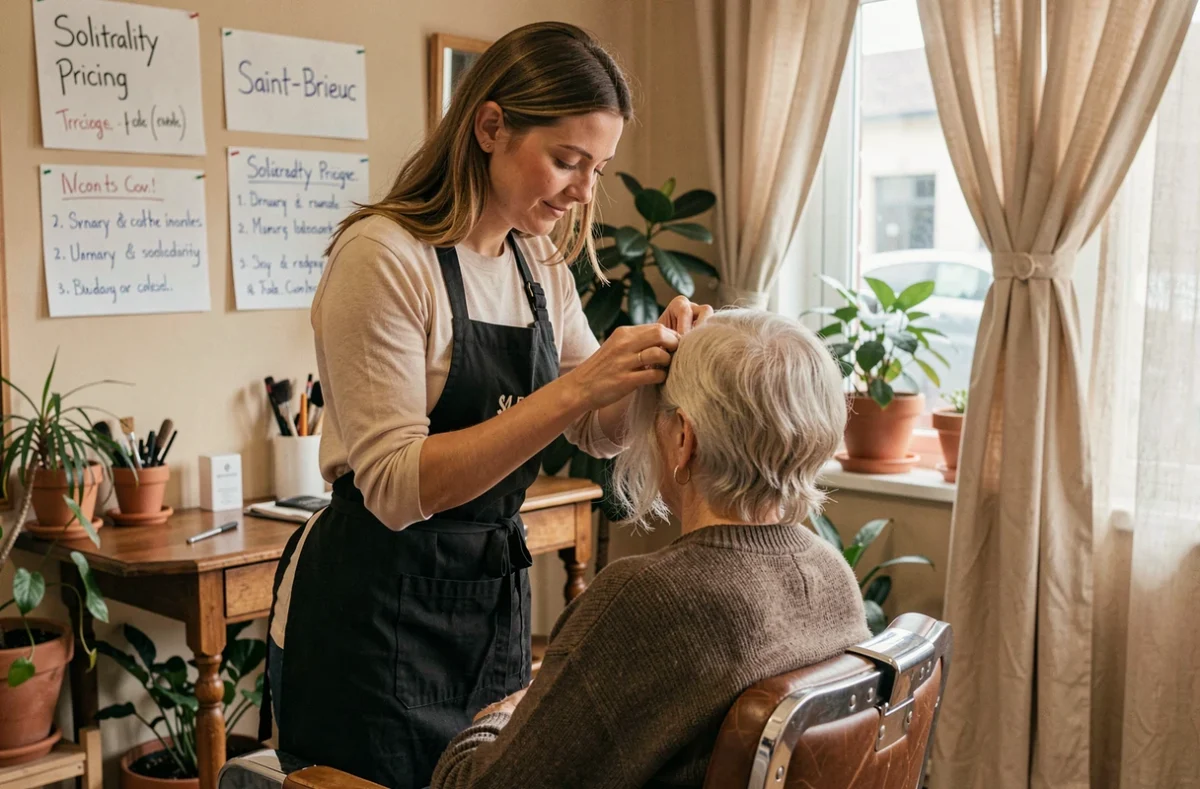 Coiffeuse pratiquant la socio-coiffure dans un salon inclusif près de Saint-Brieuc, coiffant une cliente âgée avec soin