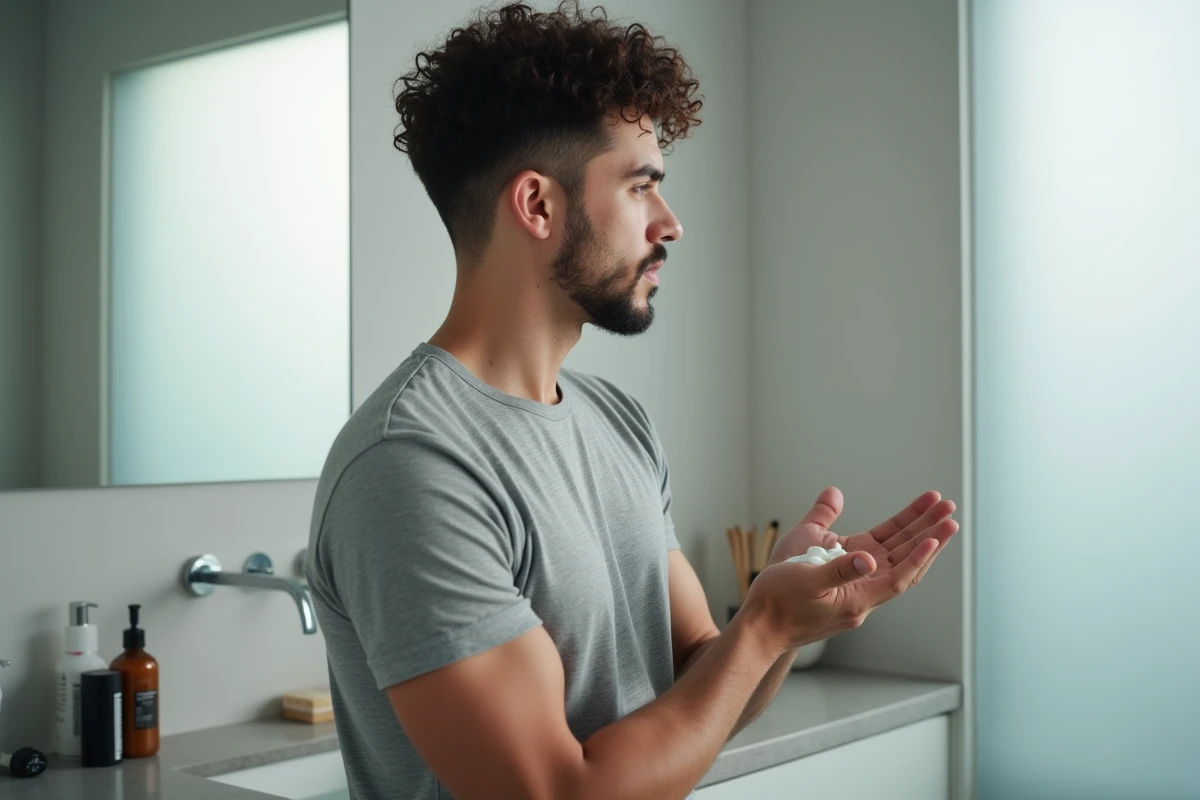 Jeune homme aux cheveux fins bouclés appliquant une crème coiffante devant un miroir de salle de bain