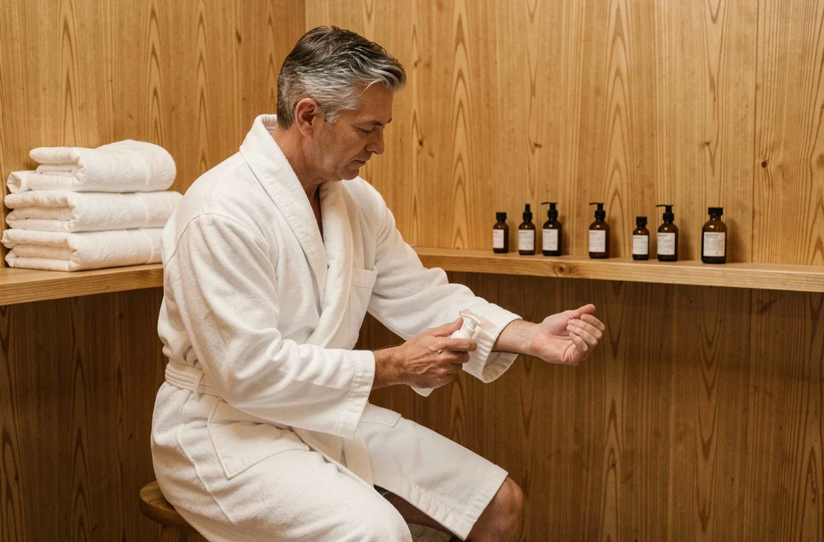Homme d'âge mûr appliquant une lotion corps dans un vestiaire au style spa épuré