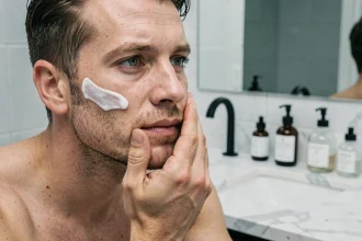 Homme appliquant une crème hydratante visage dans une salle de bain moderne aux tons neutres
