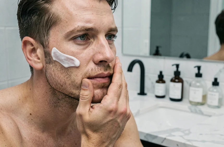 Homme appliquant une crème hydratante visage dans une salle de bain moderne aux tons neutres