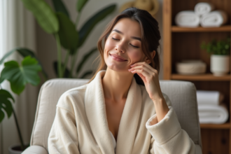 Femme se massant le visage dans un cadre apaisant