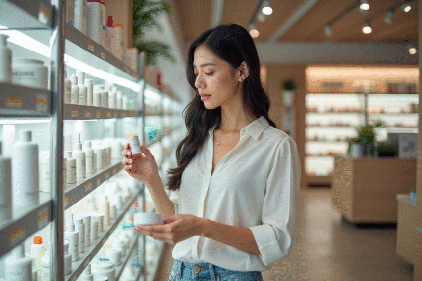 Femme examine des produits de soin peau en pharmacie