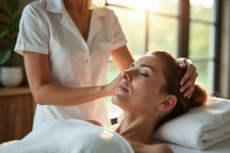 Femme recevant un massage du cuir chevelu dans un spa moderne