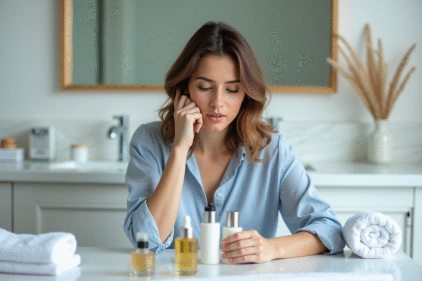Femme examinant des produits de soin visage dans sa salle de bain