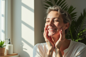 Femme souriante se massant le visage dans une salle de bain lumineuse