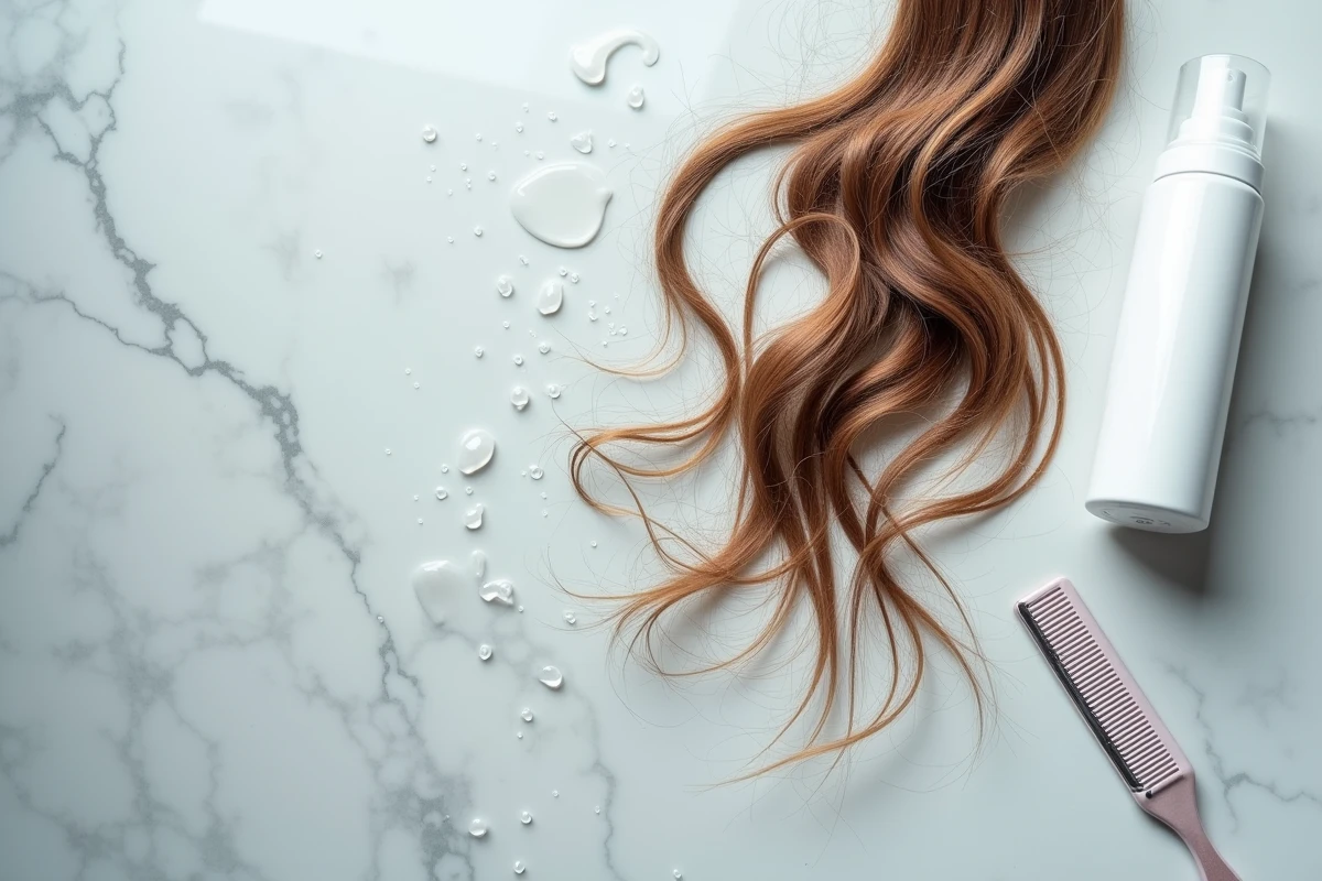 Gros plan sur une application excessive de spray capillaire dream coat sur cheveux mouillés, avec surcharge de produit visible sur les mèches