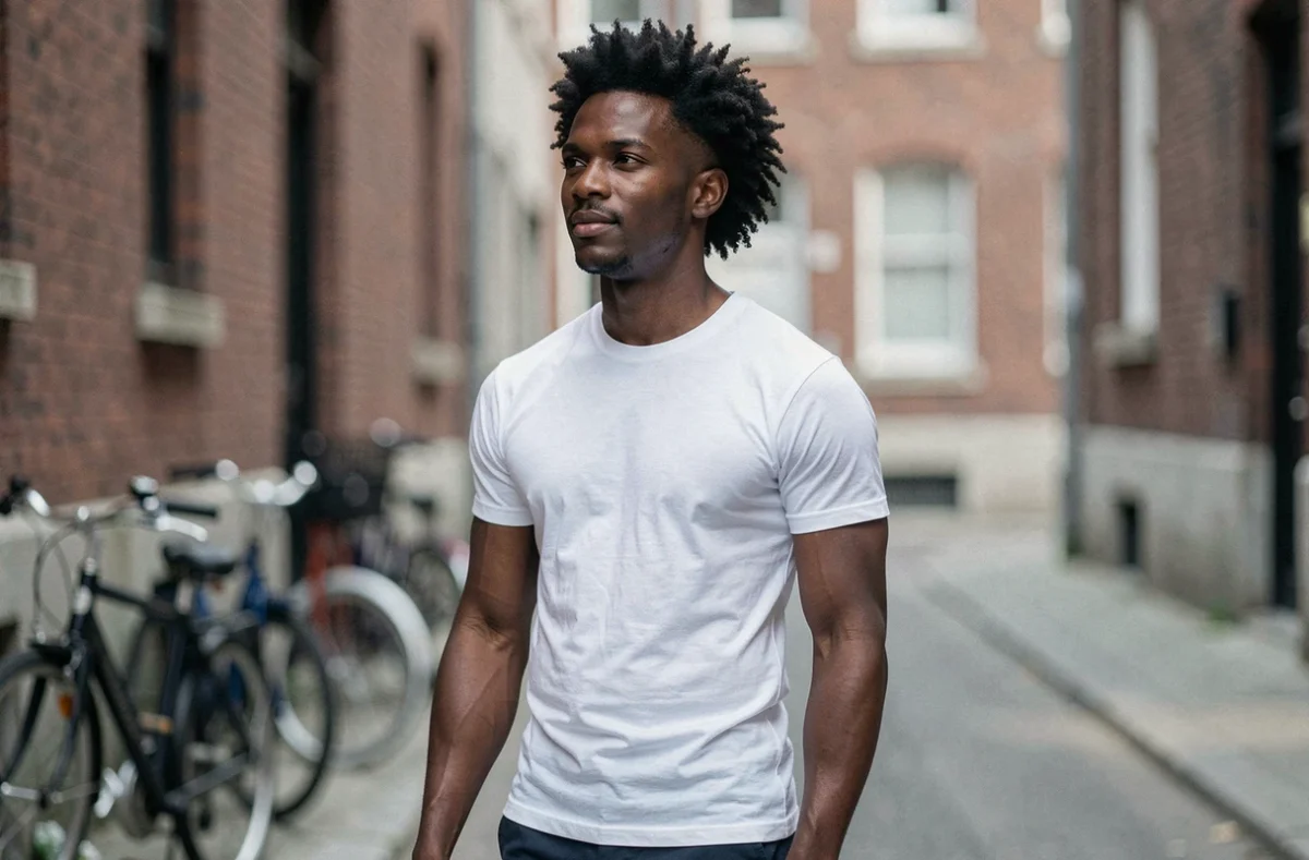 Homme avec coupe taper afro en dégradé précis photographié en extérieur dans une rue urbaine