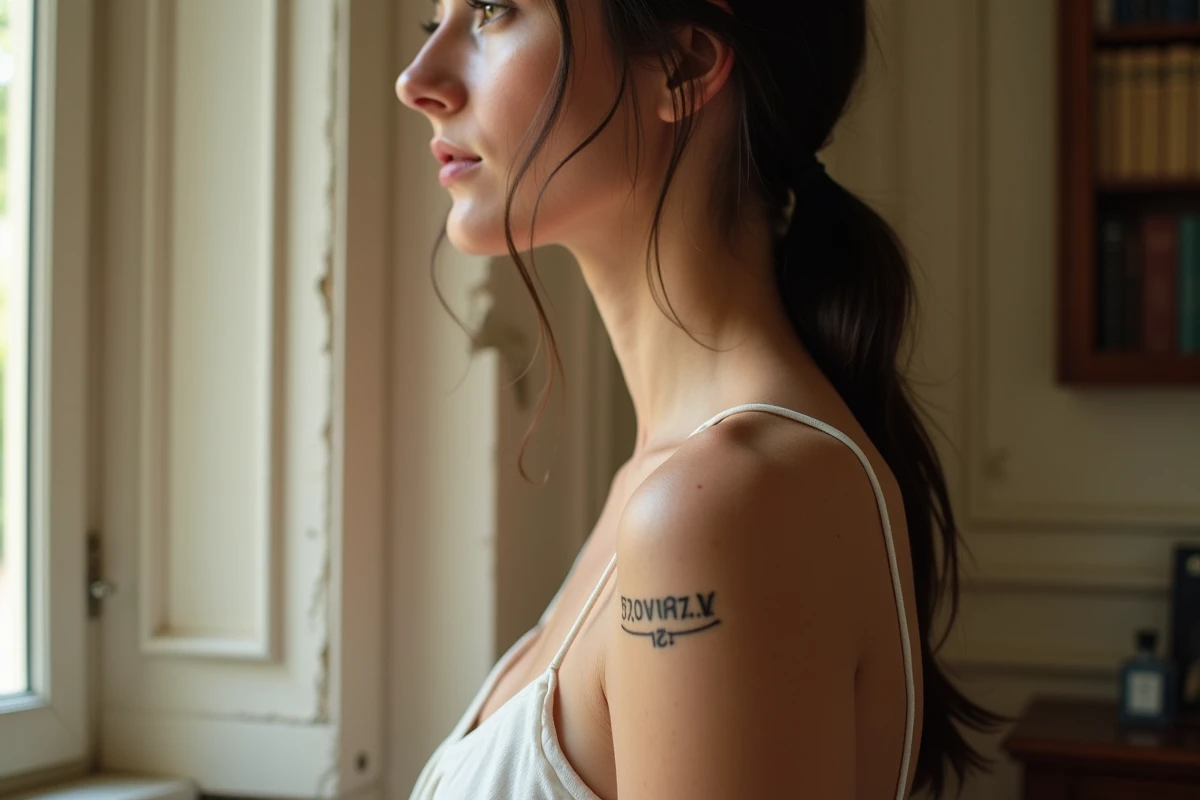 Tatouage date en chiffres romains sur l'épaule et la clavicule d'une femme, style fine line élégant sur peau mate avec taches de rousseur