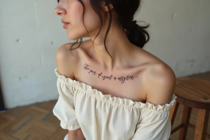 Femme avec tatouage écriture cursive sur la clavicule et l'épaule, texte élégant en fine calligraphie sur peau naturelle
