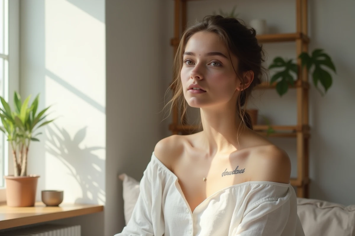 Jeune femme avec un tatouage prénom discret sur la clavicule en police fine et élégante