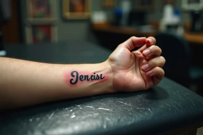 Tatouage prénom en écriture cursive sur un avant-bras, réalisé dans un studio de tatouage professionnel