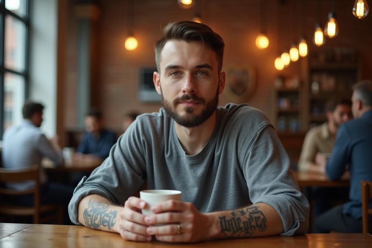 Homme dans un café urbain arborant un tatouage prénom en police gothique sur l'avant-bras