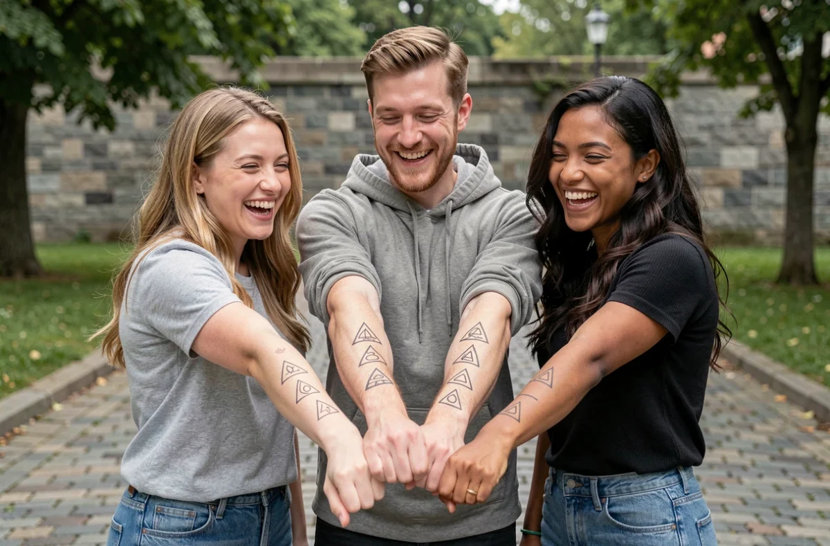 Trois amis montrant leurs tatouages triangles assortis dans un parc urbain, symbole d'amitié et de lien indéfectible