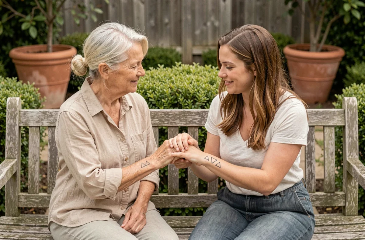 Mère et fille partageant un tatouage trois triangles assorti dans un jardin, symbolisant le lien familial et la transmission