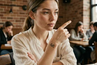 Femme montrant son tatouage trois triangles sur le poignet dans un café chaleureux, symbolisant l'amour et la signification personnelle