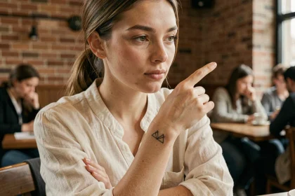 Femme montrant son tatouage trois triangles sur le poignet dans un café chaleureux, symbolisant l'amour et la signification personnelle
