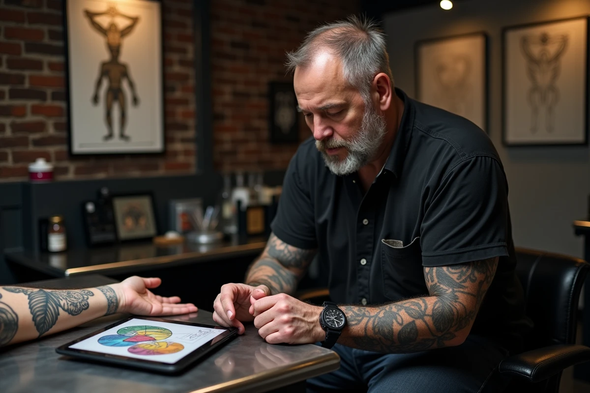 Tatoueur discute avec un client dans un studio professionnel